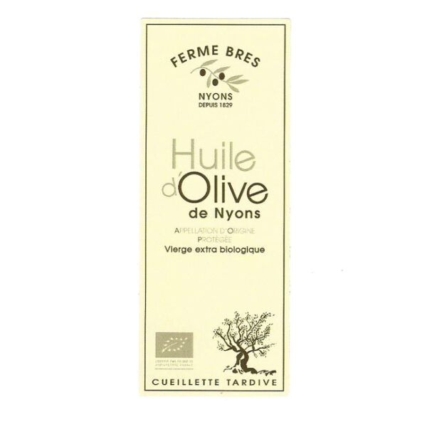 étiquette huile d'olive cueillette tardive ferme bres à Nyons